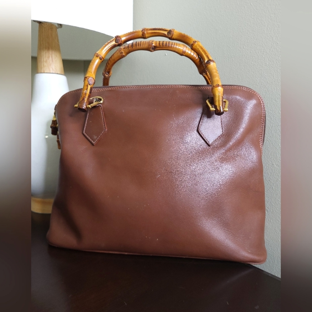 Gucci Vintage Bamboo Handle Leather Satchel Bag, Includes COA